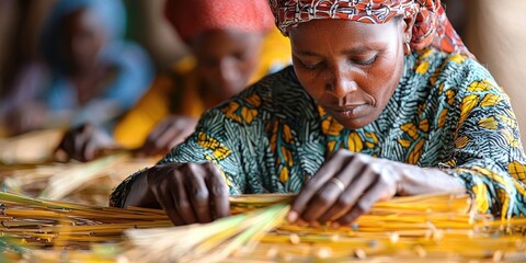 Woman in vibrant orange patterned outfit weaves palm fronds into baskets while sitting in line with others in similar attire. Generative by AI.
