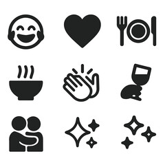 Obraz premium Emotion and Food Icons. Solid, filled icon set of Food and emotion symbols: smiling face, tears of joy, heart, plate with utensils