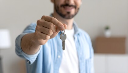 _Young single man tenant renter first time home owner holding key to new apartment .