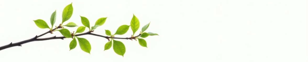 Fototapeta premium Single, delicate branch with bright, new spring leaves, pure white background , closeup, backdrop, foliage