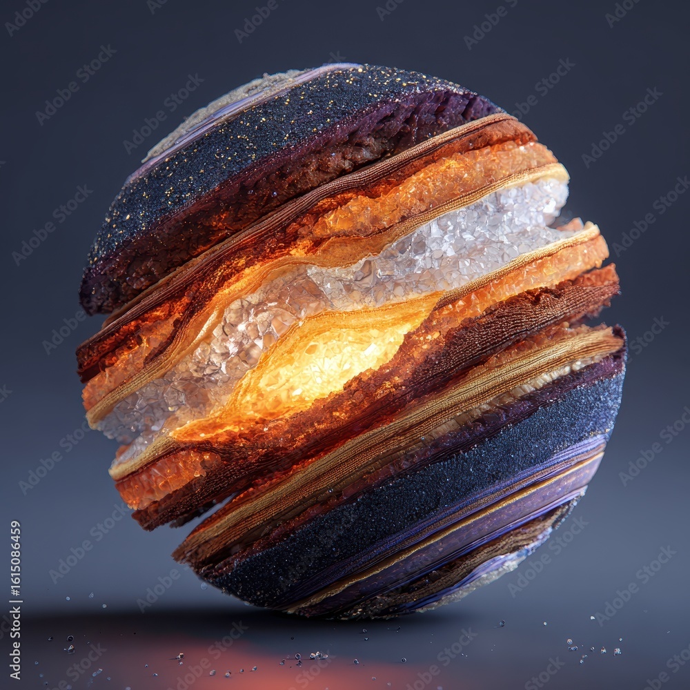 Poster abstract sphere made of layered textures with a bright glowing core on a dark background