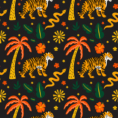 Wild jungle animals, exotic flowers, tropical plants cartoon vector seamless pattern design in groovy funky colorful style with illustration of tiger, snake, leaves, palm tree, sun