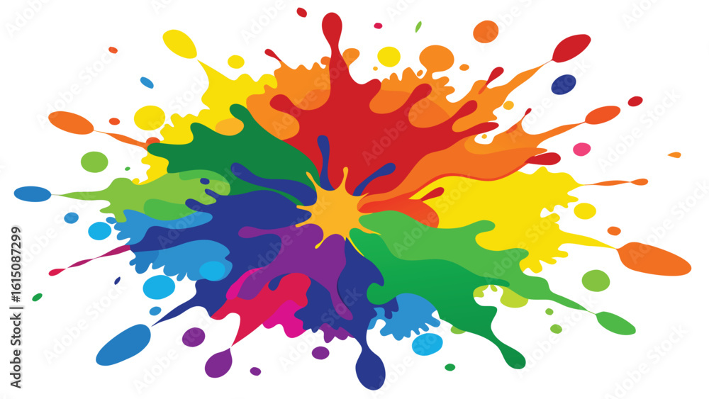 Poster vibrant paint splatters in multiple colors against a white backdrop, illustrating a playful and arti