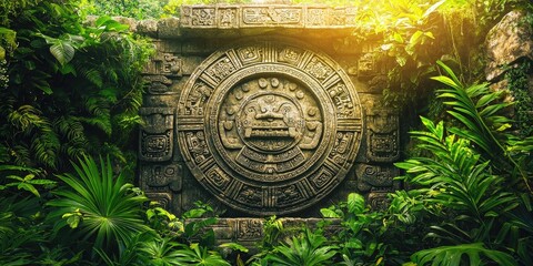 Round stone calendar carved with intricate symbols rests in lush jungle with sun filtering through foliage. Generative by AI.