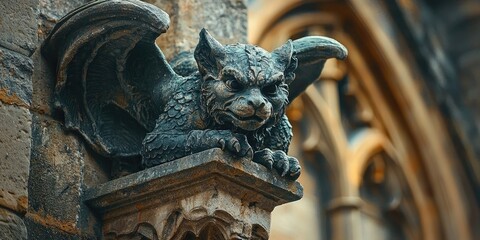 Gargoyle with wings and textured body crouches on stone ledge of Gothic building with blurred background. Generative by AI.