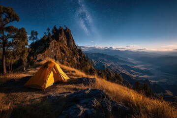 Vibrant camping tent under starry night sky landscape