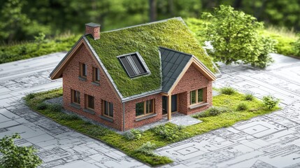 Sustainable Home: A model of a house featuring a vibrant green roof sits on top of architectural blueprints, symbolizing eco-friendly design and sustainable living.