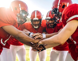 A diverse group of American football players in red uniforms huddle together, hands clasped in a circle, on a sunny field