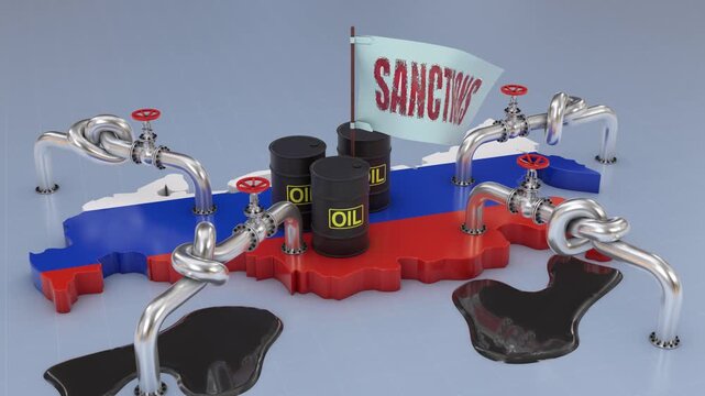 Oil barrels on the map of Russia and pipelines tied in knots symbolize sanctions and restrictions on energy exports.3D render.
