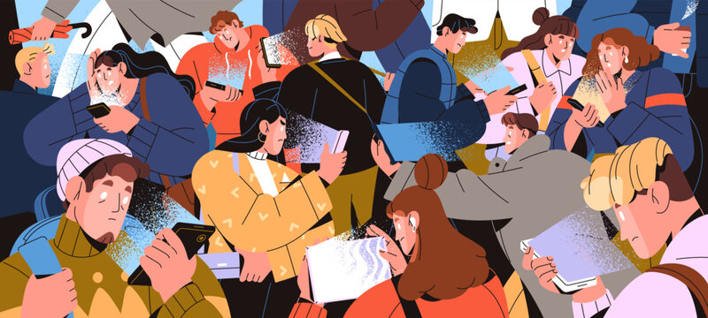 People are dependent on mobile phone, scrolling social networks. Crowd looks at screen of telephones. Men and women are reading news on smartphones. Device addiction concept. Flat vector illustration