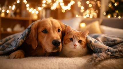 A heartwarming scene of an adorable dog and cat cuddled together under a cozy blanket in a festive room decorated for Christmas. The twinkling lights and holiday decorations create a warm, cheerful at