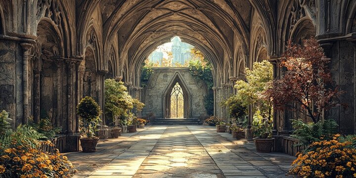Medieval stone cloister courtyard with arched walkways, potted plants, sunlight filtering through leaves, and aged textured walls. Generative by AI. - Powered by Adobe