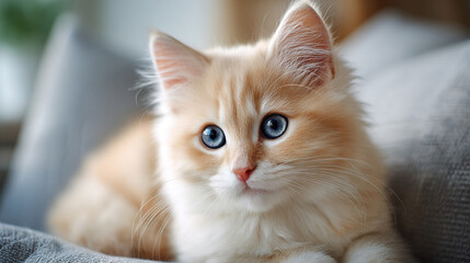 Adorable fluffy cream-colored kitten with striking blue eyes sitting calmly against a light background

