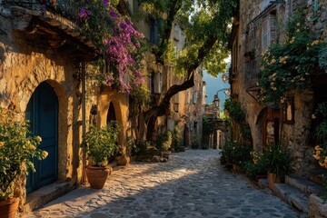 Quaint European Street Framed by Floral Beauty