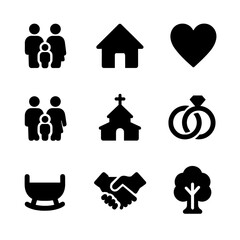 Family Values Icons. Solid, filled icon set of family values: family group, home, heart, church, parents with child, wedding rings