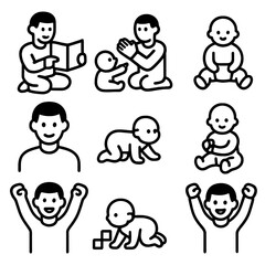 Father-Baby Interaction Icons. Solid, filled icon set of father teaching baby: father showing book, baby pointing, father clapping