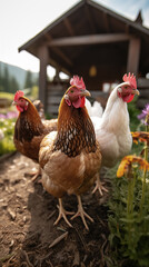 Fototapeta premium Free range brown and white chickens grazing peacefully in sunny farm pasture, white daisies and wooden coops under bright blue sky, sustainable organic poultry farming lifestyle.