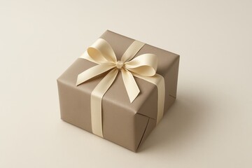 Obraz premium Beige gift box with cream ribbon on neutral background. Elegant present for holiday and special occasion.