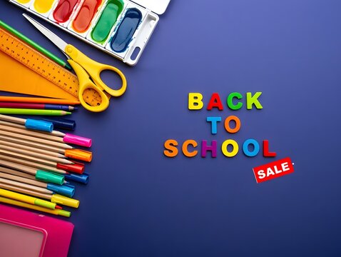 Back to school sale with colorful supplies on a blue background top view - Powered by Adobe