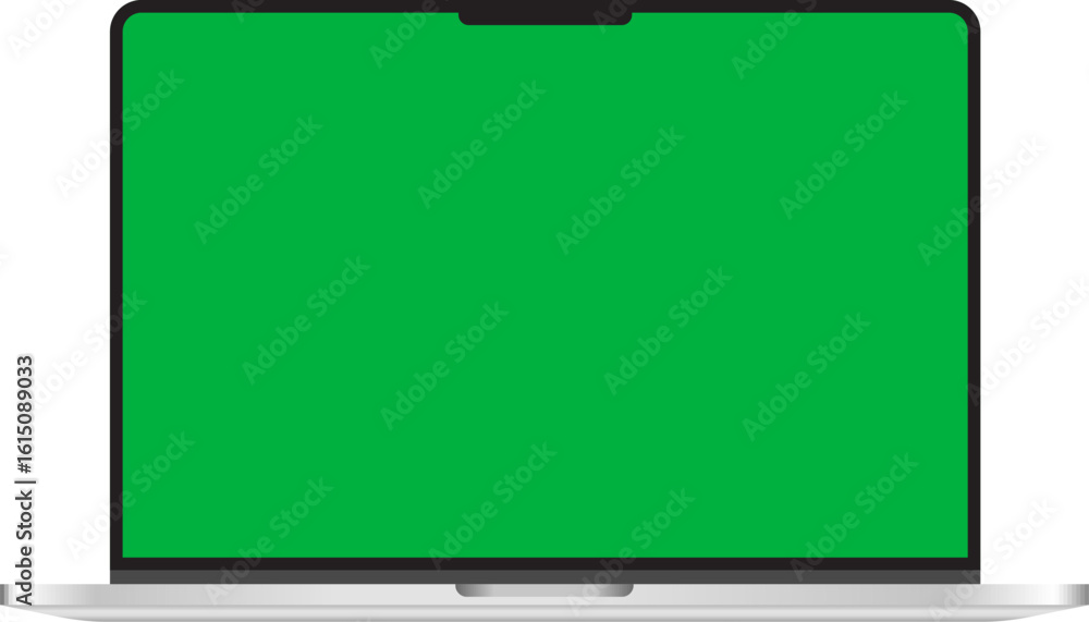 Poster laptop mockup vector, modern device with green screen and top notch used for ui display template des
