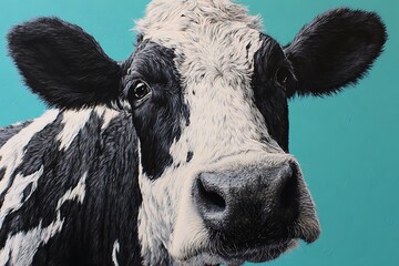 Detailed close-up of cow head in black white on teal  
