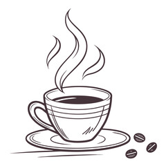 Hand drawn sketch of a steaming cup of coffee with coffee beans