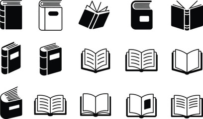 Collection of black and white book icons books reading