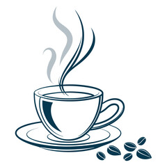 Stylized illustration of a steaming cup of coffee with coffee beans