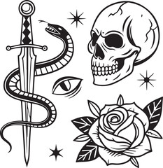 Black and White Traditional Tattoo Style Set with Skull, Snake, Dagger, Rose and Moon Elements