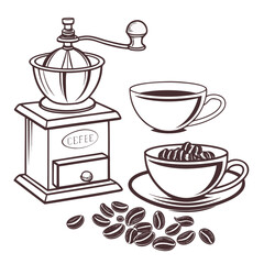 Vintage coffee grinder with cups of coffee and beans