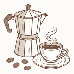 Espresso coffee maker with a cup of hot coffee and beans