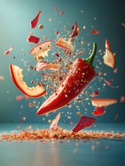 Exploding Chili: A fiery chili pepper explodes into a vibrant cascade of texture and color, set against a teal backdrop, showcasing the raw power of flavor.