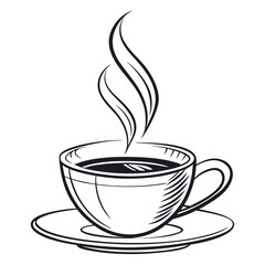 Stylized black and white drawing of a steaming cup of coffee on a saucer