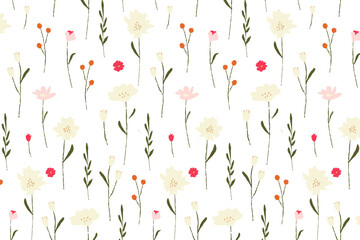Vector seamless pattern of hand-drawn wildflowers in cream, pink, and red with green stems and orange berries. Whimsical flat design with painterly touch. Great for fabric, decor, packaging.