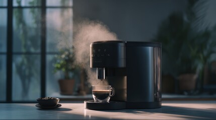 Espresso Machine brewing coffee : A modern espresso machine brews a steaming cup of coffee, capturing the rich aroma and visual appeal in a sleek and inviting kitchen setting.