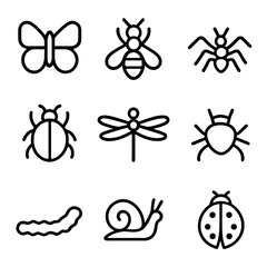 Forest Insect Icons. Solid, filled icon set of forest insects and smaller creatures: butterfly, bee, ant, beetle, dragonfly,