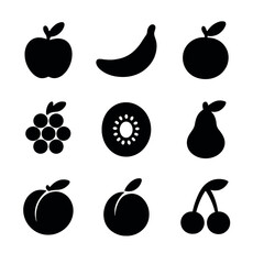 Fruit Bowl Icons. Solid, filled icon set of fruit bowl contents: apple, banana, orange, pear, grapes, kiwi, peach, plum, cherry.