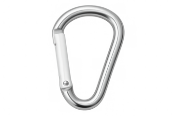Close-up of a carabiner, highlighting its metallic sheen and secure locking mechanism, isolated on a transparent background
