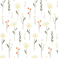Seamless hand-drawn vector pattern of cream flowers, olive stems, and bright orange berries on white. Flat floral design with soft brush strokes. Perfect for fabric, decor, and surface prints.