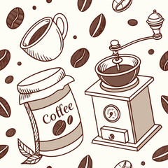 Hand drawn seamless pattern of coffee beans cup and grinder