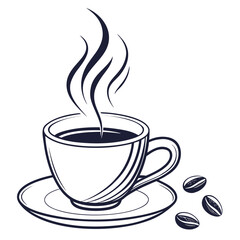 Steaming cup of coffee with beans line art illustration