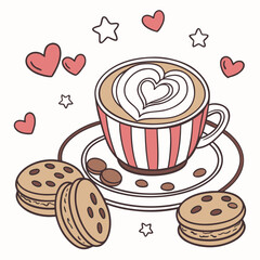 Cute coffee cup with heart latte art and cookies surrounded by hearts and stars