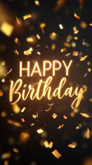 Romantic birthday text in cursive on soft pink background with rose petals and heart confetti

