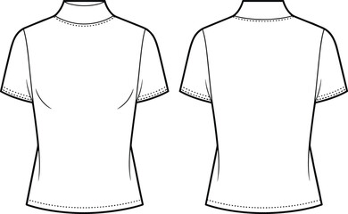 Women's high neck short sleeve fitted t-shirt, front and back view, fashion CAD template, vector flat sketch, technical apparel design