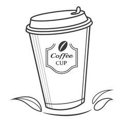 Simple line art drawing of a coffee cup with label and coffee bean