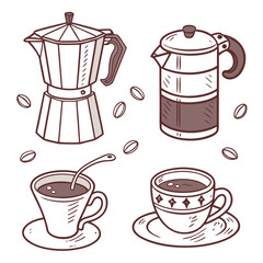Hand drawn coffee makers and cups with beans illustration