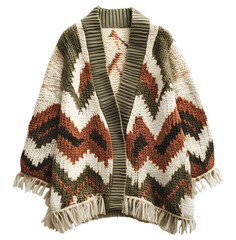 Bohemian style fringed cardigan with geometric pattern isolated on transparent background