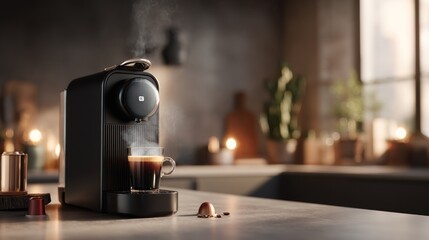 Coffee Machine's Aroma: A modern coffee machine brews a cup of espresso, the steam rising gently, inviting a sensory experience in a domestic setting, creating cozy atmosphere.