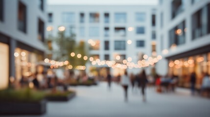 Fototapeta premium Blurred city street with warm bokeh lights and modern buildings. Anonymous pedestrians in motion. Urban energy and progress. Ideal for marketing, web banners, and business presentations.