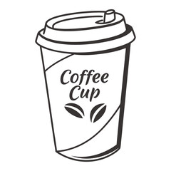 Simple black and white line art coffee cup with lid and beans